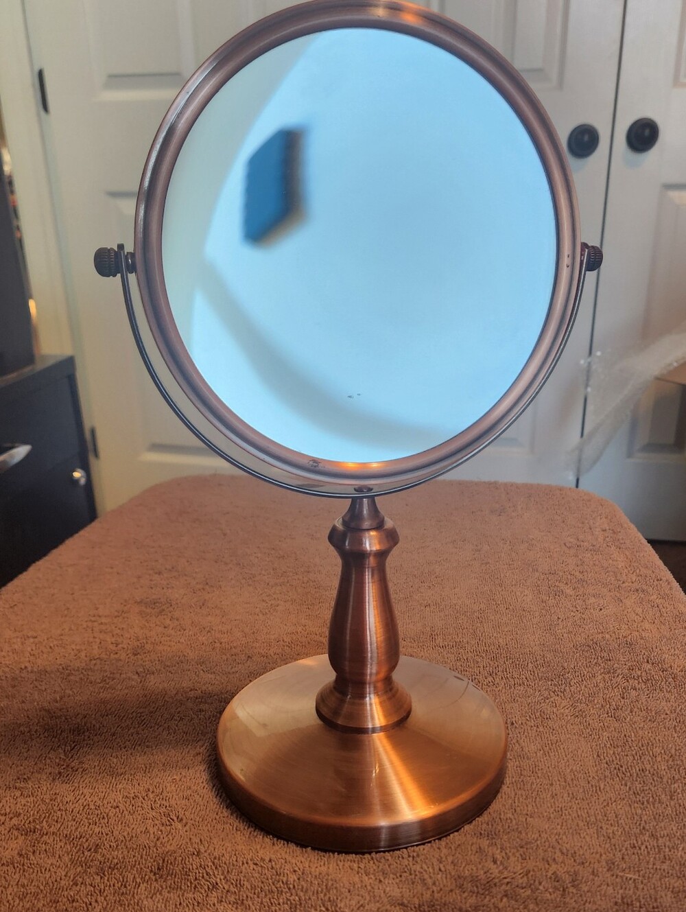 Double-Sided Copper Finish Vanity Mirror with Pedestal Stand